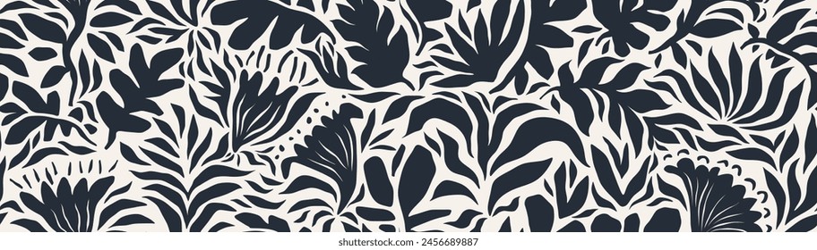 Abstract shape leaf and flower organic seamless pattern. black floral leaves geometric pattern on white background. leaves silhouette summer pattern modern vector style.