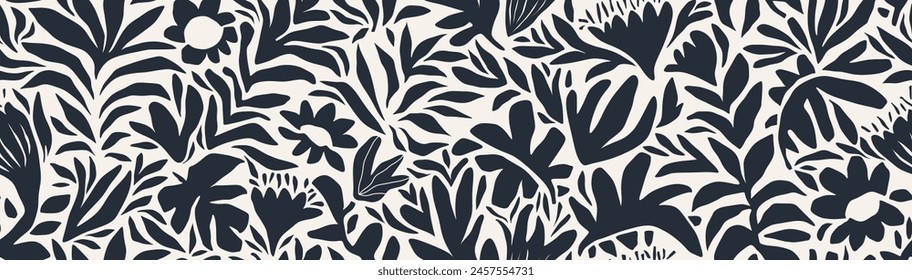 Hoja de forma Abstractas y flor orgánica sin patrón. hojas florales negras patrón geométrico sobre fondo blanco. hojas silueta patrón de verano estilo de Vector moderno.