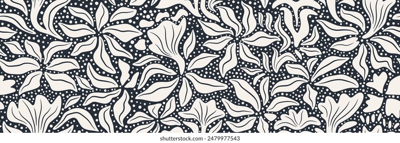 Abstract shape leaf and flower organic with dot flat style seamless pattern. black floral leaves geometric background.