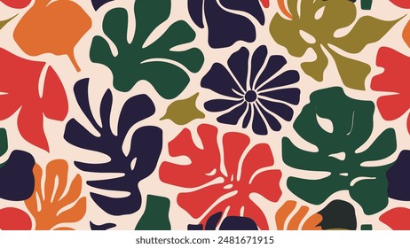 Abstract shape leaf and flower organic seamless pattern. black floral leaves geometric pattern on white background. leaves silhouette summer pattern