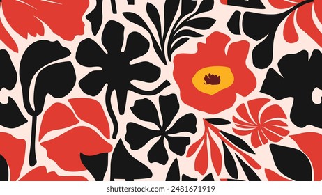 Abstract shape leaf and flower organic seamless pattern. black floral leaves geometric pattern on white background. leaves silhouette summer pattern