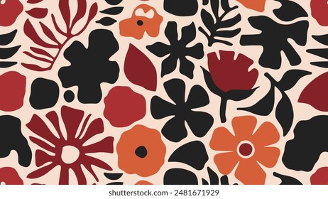 Abstract shape leaf and flower organic seamless pattern. black floral leaves geometric pattern on white background. leaves silhouette summer pattern