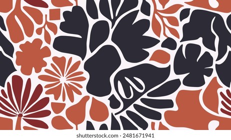 Abstract shape leaf and flower organic seamless pattern. black floral leaves geometric pattern on white background. leaves silhouette summer pattern