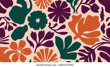 Abstract shape leaf and flower organic seamless pattern. black floral leaves geometric pattern on white background. leaves silhouette summer pattern