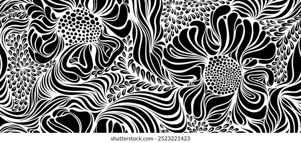 Abstract shape leaf and flower organic seamless pattern. black floral leaves geometric pattern on white background. leaves silhouette summer pattern