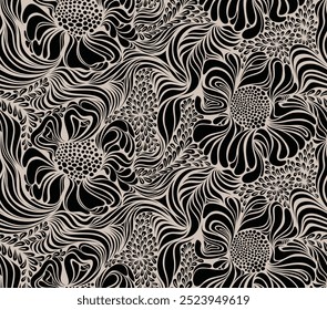 Abstract shape leaf and flower organic seamless pattern. black floral leaves geometric pattern on white background. leaves silhouette summer pattern