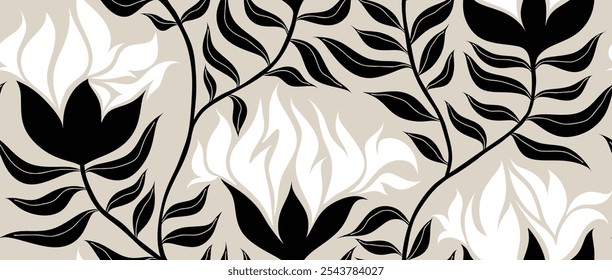 Abstrato forma folha e flor orgânico sem costura padrão. preto floral folhas padrão geométrico no fundo branco.