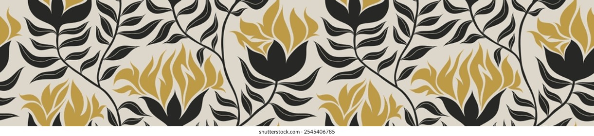 Abstract shape leaf and flower organic seamless pattern. black floral leaves geometric pattern on white background. leaves silhouette summer pattern.