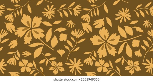 Abstrakte Form Blatt und Blume organischen nahtlosen Muster. braune florale Blätter geometrisches Muster auf braunem Hintergrund. Blätter Silhouette Sommer Muster modernen Vektorstil.