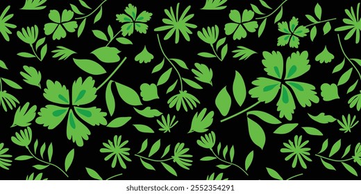 Hoja de forma Abstractas y patrón de flores orgánicas sin costuras. Patrón geométrico de hojas florales verdes sobre fondo negro. patrón de verano de silueta de hojas estilo de Vector moderno.