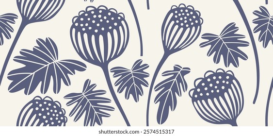 Abstract shape leaf and flower organic seamless pattern. Floral seamless pattern. Decorative branch of flowers. 