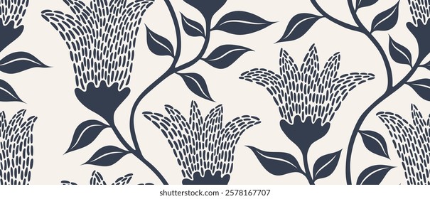 Abstract shape leaf and flower organic seamless pattern. black floral leaves geometric pattern on white background. flower pattern.
