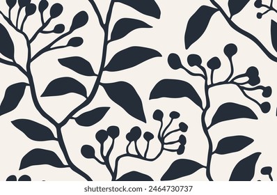 Abstract shape leaf organic seamless pattern. black floral leaves geometric pattern on white background. leaves silhouette summer pattern