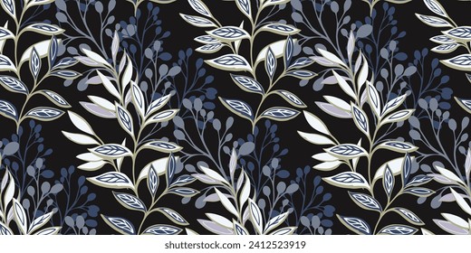 Abstract shape leaves branches, leaf branches seamless pattern. Vector hand drawn. Stylized floral stem background. Creative tropical botanical printing. Design for fashion, fabric, and textile.