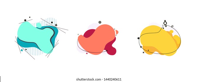 Abstract shape and line set. Cyan, blue, orange, red, yellow blobs with hatching and wavy lines. Layers text sample. Vector template for banners, posters, logos