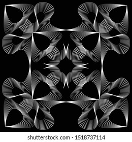Abstract shape with lots of white blending lines composition on black background. Beautiful monochrome print for poster, postcard, cover,  card, tile, wallpaper. Modern drawing and illustration.
