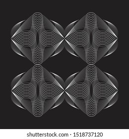 Abstract shape with lots of white blending lines composition on black background. Beautiful monochrome print for poster, postcard, cover,  card, tile, wallpaper. Modern drawing and illustration.