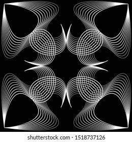 Abstract shape with lots of white blending lines composition on black background. Beautiful monochrome print for poster, postcard, cover,  card, tile, wallpaper. Modern drawing and illustration.