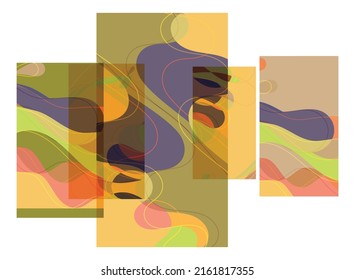 Abstract shape made of overlapping rectangular cards with art terrazzo pattern and wavy shapes and lines in earthy natural colors. Isolated on white.