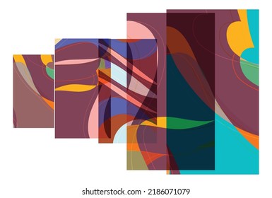 Abstract shape made of overlapping rectangular cards with art terrazzo pattern and wavy shapes and lines in earthy natural colors. Isolated on white.