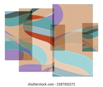 Abstract shape made of overlapping rectangular cards with art terrazzo pattern and wavy shapes and lines in earthy natural colors. Isolated on white.