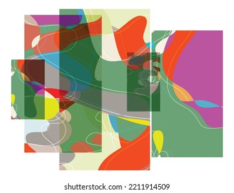 Abstract shape made of overlapping rectangular cards with art terrazzo pattern and wavy shapes and lines in earthy natural colors. Isolated on white.