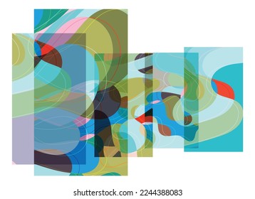 Abstract shape made of overlapping rectangular cards with art terrazzo pattern and wavy shapes and lines in earthy natural colors. Isolated on white.