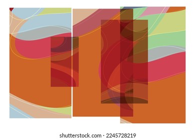 Abstract shape made of overlapping rectangular cards with art terrazzo pattern and wavy shapes and lines in earthy natural colors. Isolated on white.