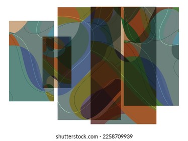 Abstract shape made of overlapping rectangular cards with art terrazzo pattern and wavy shapes and lines in earthy natural colors. Isolated on white.