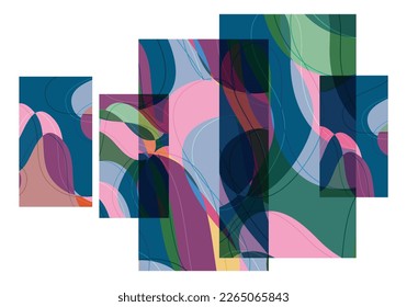 Abstract shape made of overlapping rectangular cards with art terrazzo pattern and wavy shapes and lines in earthy natural colors. Isolated on white.