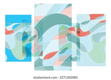 Abstract shape made of overlapping rectangular cards with art terrazzo pattern and wavy shapes and lines in earthy natural colors. Isolated on white.