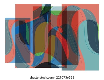 Abstract shape made of overlapping rectangular cards with art terrazzo pattern and wavy shapes and lines in earthy natural colors. Isolated on white.