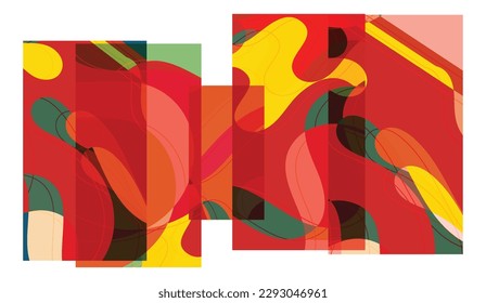 Abstract shape made of overlapping rectangular cards with art terrazzo pattern and wavy shapes and lines in earthy natural colors. Isolated on white.