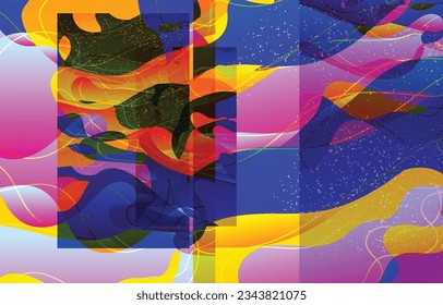 Abstract shape made of overlapping rectangular cards with art terrazzo pattern and wavy shapes and lines in earthy natural colors. Isolated on white.