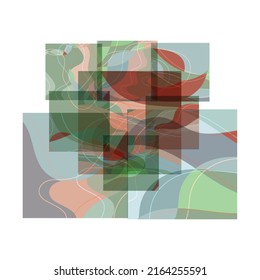 Abstract shape made of overlapping square cards with art terrazzo pattern and wavy shapes and lines in earthy natural colors. Isolated on white.