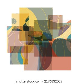 Abstract shape made of overlapping square cards with art terrazzo pattern and wavy shapes and lines in earthy natural colors. Isolated on white.