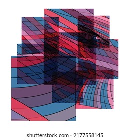 Abstract shape made of overlapping square cards with art terrazzo pattern and wavy shapes and lines in earthy natural colors. Isolated on white.