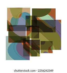 Abstract shape made of overlapping square cards with art terrazzo pattern and wavy shapes and lines in earthy natural colors. Isolated on white.