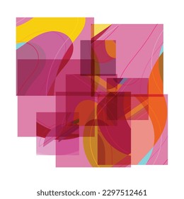 Abstract shape made of overlapping square cards with art terrazzo pattern and wavy shapes and lines in earthy natural colors. Isolated on white.