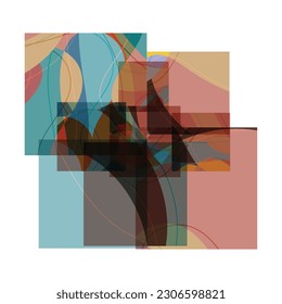 Abstract shape made of overlapping square cards with art terrazzo pattern and wavy shapes and lines in earthy natural colors. Isolated on white.