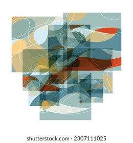 Abstract shape made of overlapping square cards with art terrazzo pattern and wavy shapes and lines in earthy natural colors. Isolated on white.