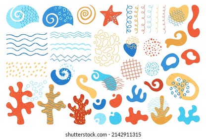 Abstract shape marine objects set. Organic forms underwater ocean world, seaweed, coral reef with grunge texture. Modern trendy scribble shapes collage with wave, scrapbook collection. Isolated vector