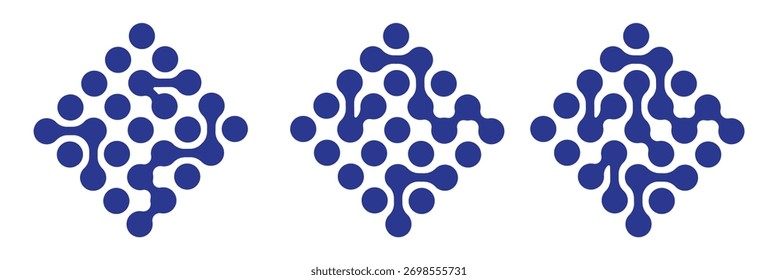 Abstrakte Form, Metaball, Morphsphären. Vernetzte Punkte, Wissenschaft, Molekular- und Nanotechnologie. Satz schwarzer Elemente, Muster einzeln auf weißem Hintergrund