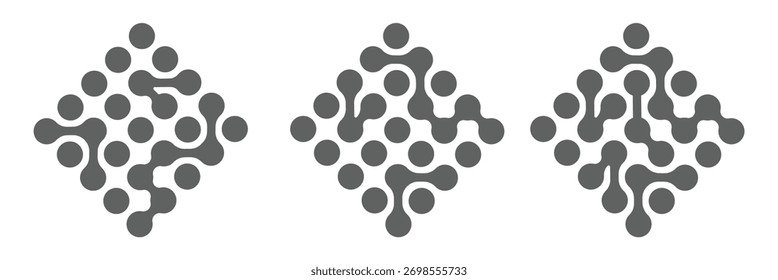 Forma Abstractas, metaball, esferas morfas. Puntos conectados, ciencia, molecular, nanotecnología. Conjunto de patrones de Elementos negros aislados sobre fondo blanco