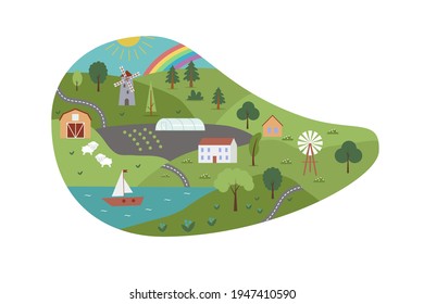 Abstract shape. Nature Farm and Garden vector concept. Water and Grass. Agriculture and nature. Ships on the water, green grass and trees. New eco technologies for growing plants.