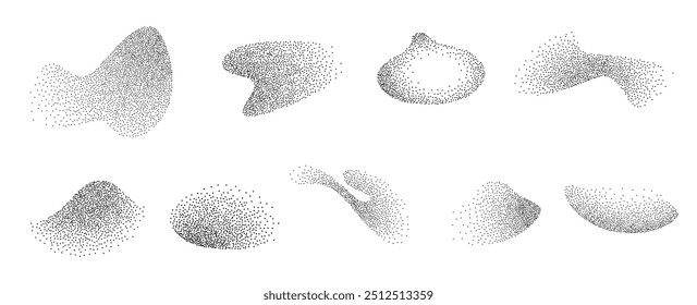 Abstract shape noise effects. Dotwork abstract dust noise fluid grain gradient elements. Pointillism gradient pattern in dotwork style. Dotwork stipple effect. Dotted set of shapes, stipple elements