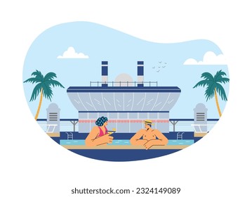 Abstract shape with people relaxing on cruise liner flat style, vector illustration isolated on white background. Man and woman enjoy holiday in pool, cruise vacation, decorative design element