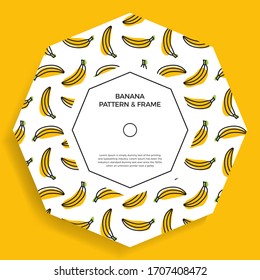 Abstract shape postcard with seamless banana patterns. Vector frame banner with yellow fruit bananas. Summer illustration with an empty space for text