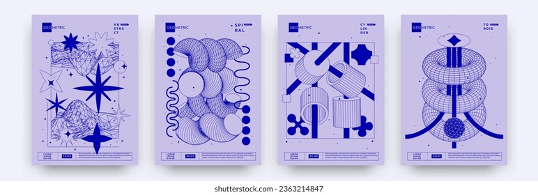 Abstract shape posters. 3d design. Figure pattern for streetwear. Retro psychedelic space. Line and silhouette forms. Torus and cylinder models. Geometric banners. Vector y2k elements set