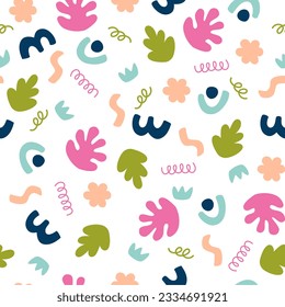 Abstract shape seamless pattern. Background for children, textile, wallpaper, scrapbooking. Trendy vector texture design with basic shapes.